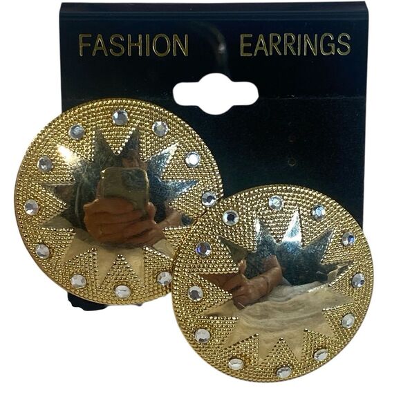 Retro Mod Statement Pierced Earrings Sunburst Pattern w Rhinestone Accents - Picture 1 of 6